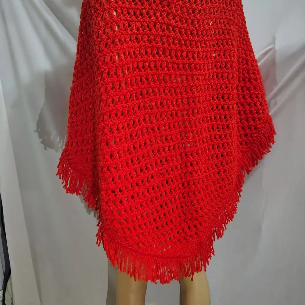 70s Crochet Poncho Red Fringe Boho Festivals Caplet Grannycore Cottagecore Knit